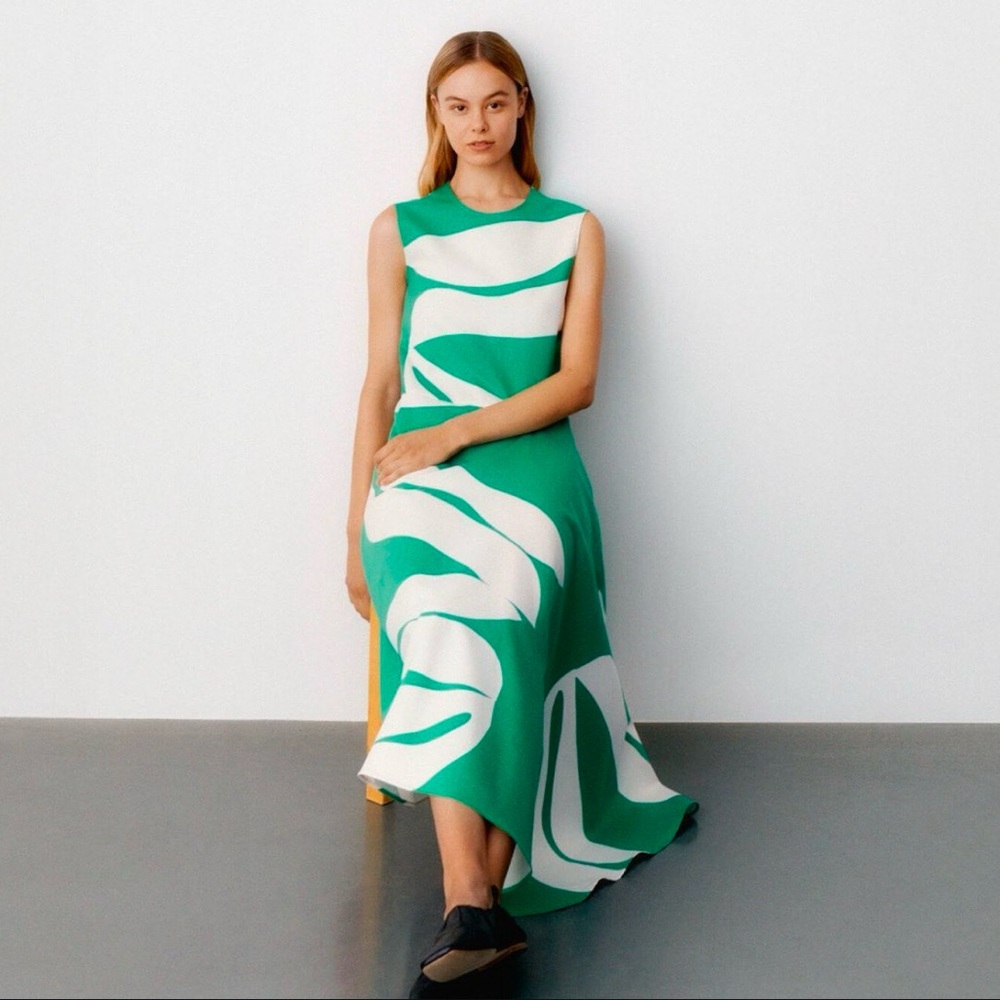 NWT Marimekko Aada Laakari sleeveless dress - bay leaf pattern - a line